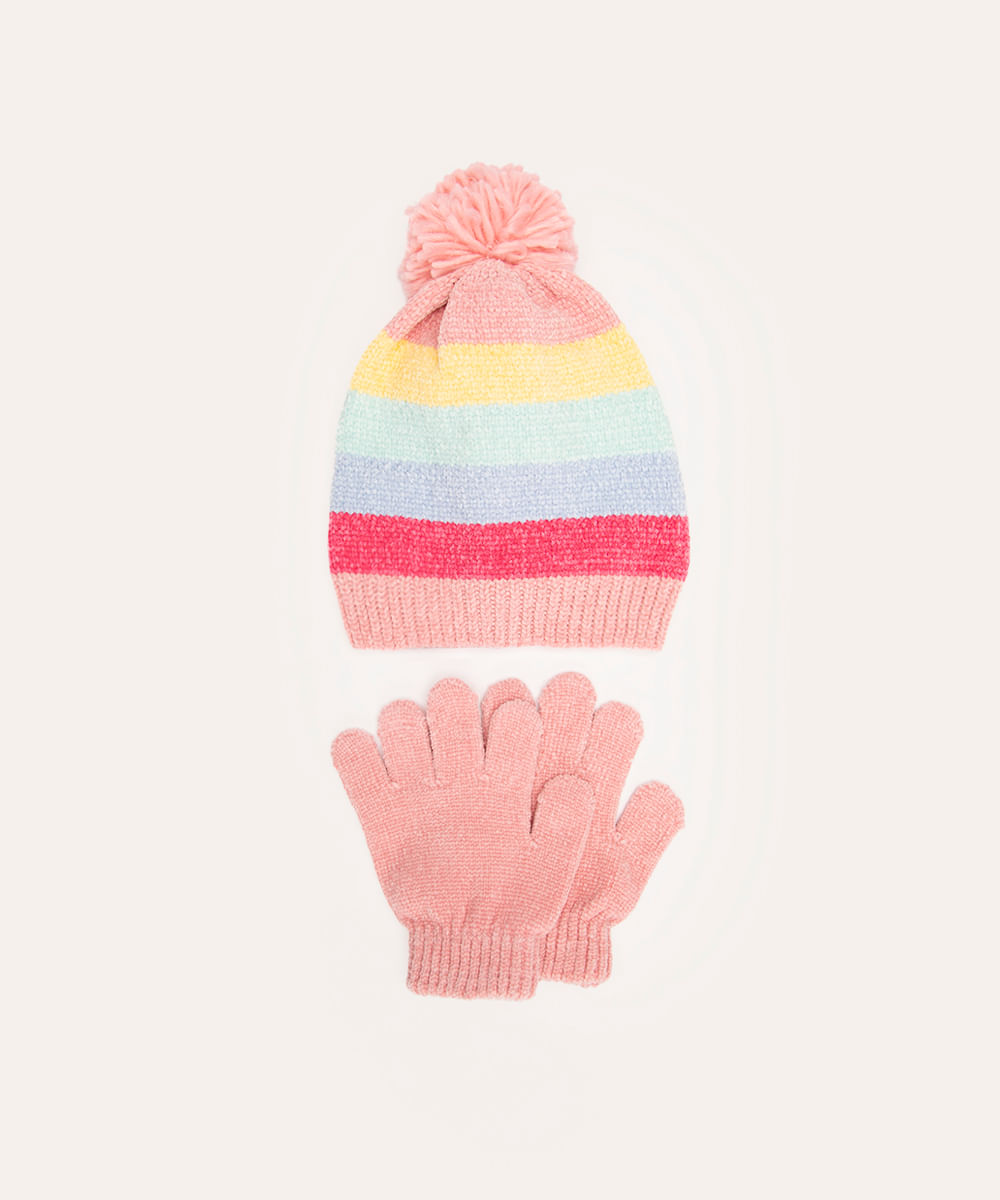 kit infantil de gorro e luva em tricot colorido