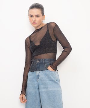 blusa de tule brilhos manga longa preto