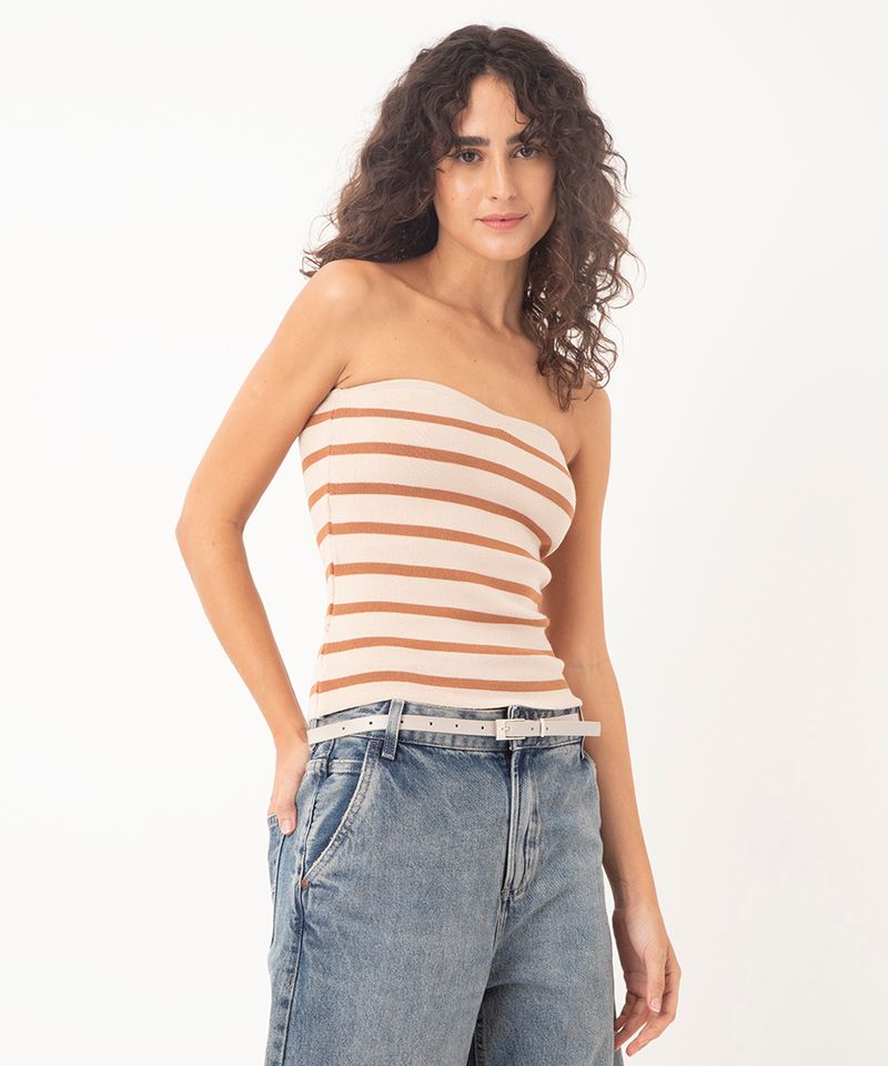 blusa de tricot sem alça listrado areia