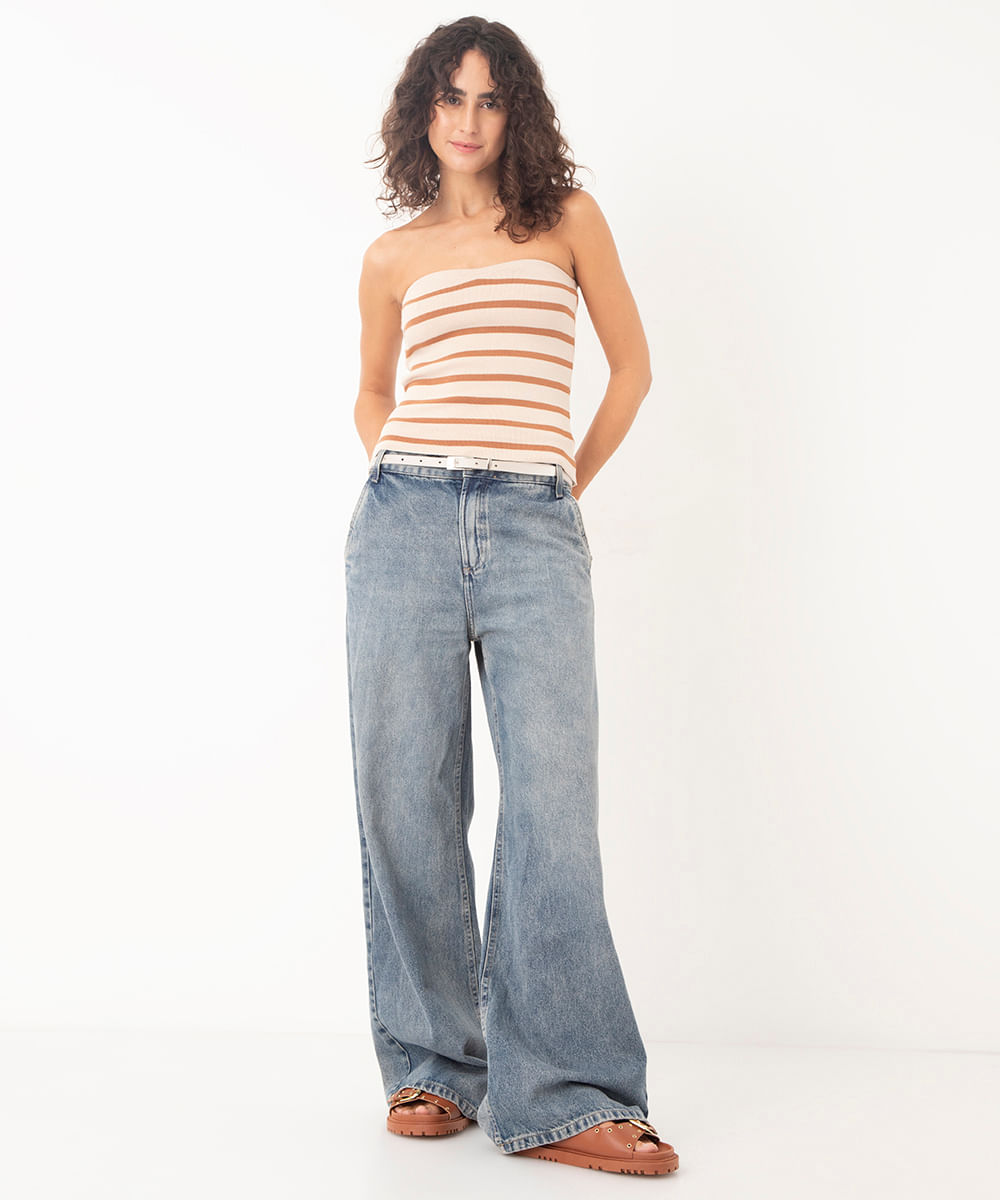 blusa de tricot sem alça listrado areia