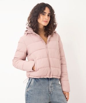 jaqueta puffer básica com capuz rosa