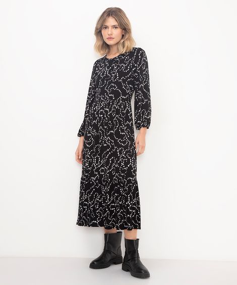 vestido midi floral manga longa preto