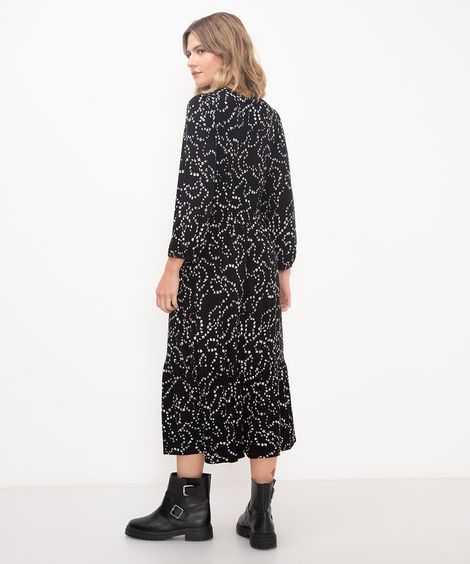 vestido midi floral manga longa preto