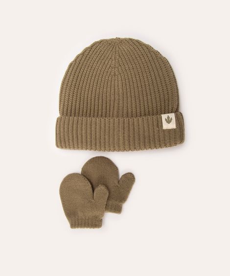 gorro de tricot infantil com luvas verde militar