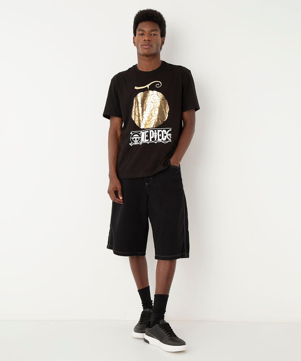 camiseta de algodão one piece preta