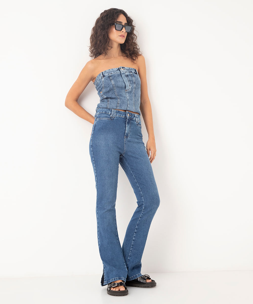 calça jeans flare cintura alta sawary azul