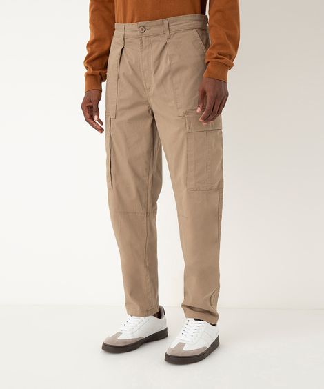 calça de sarja cargo wide leg bege
