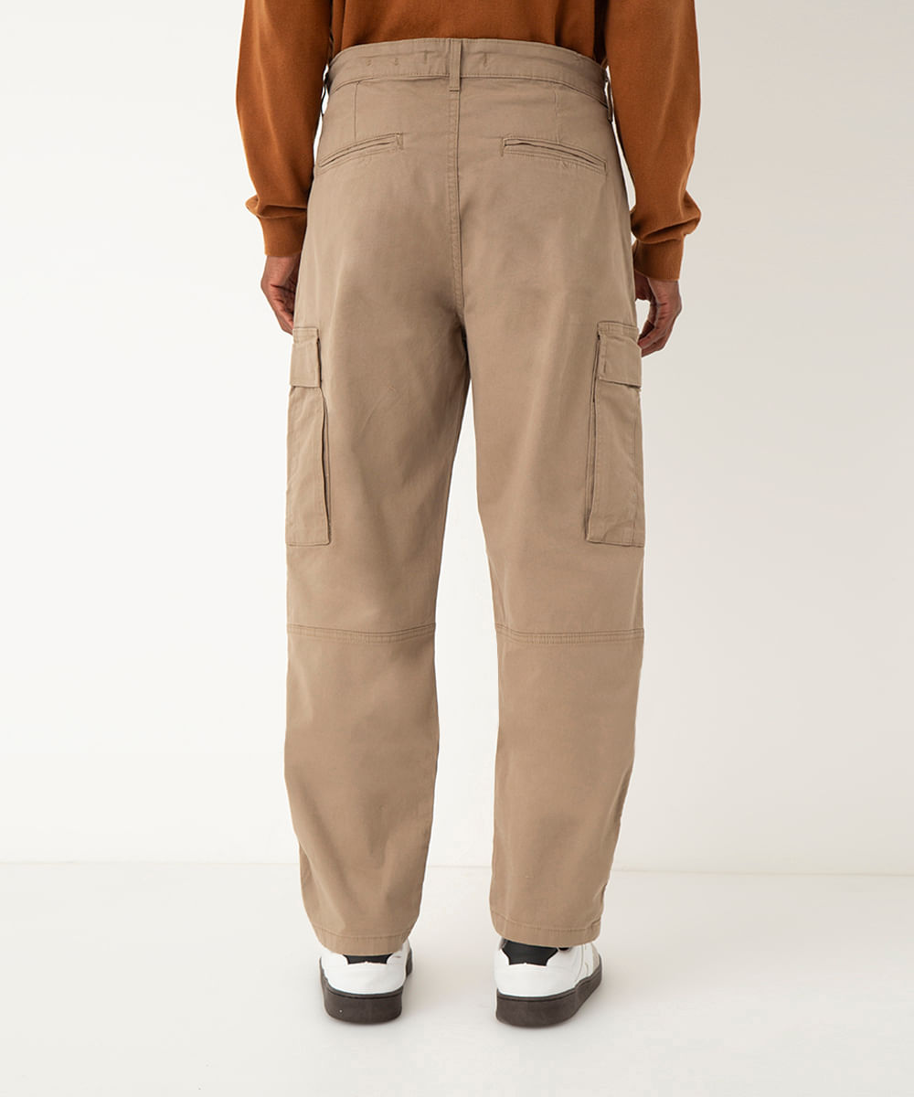 calça de sarja cargo wide leg bege