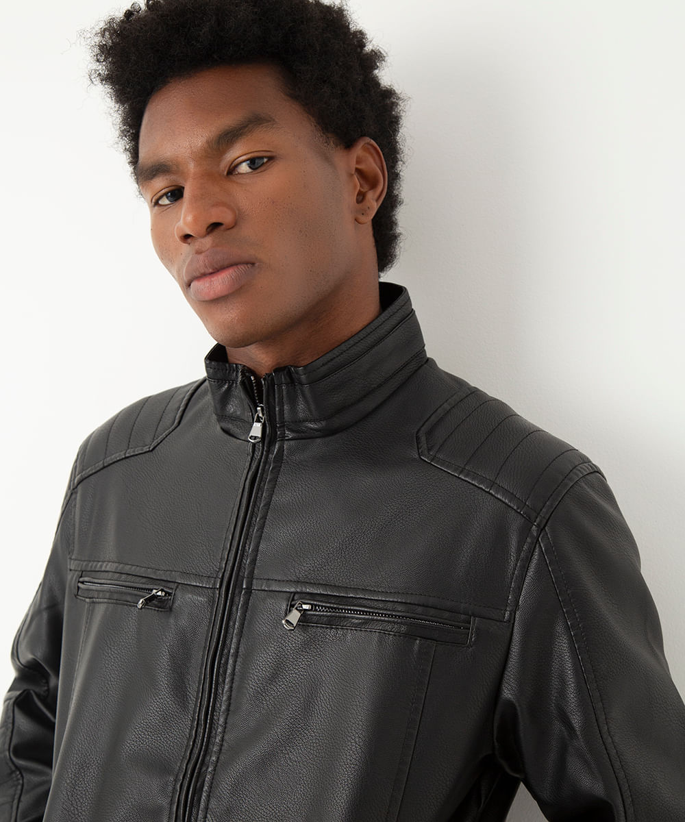 jaqueta de poliuretano perfecto slim fit preta