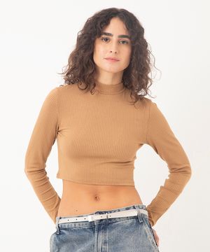 cropped de viscose canelado manga longa gola alta caramelo