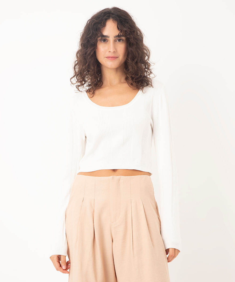 cropped de tricot canelado manga longa off white