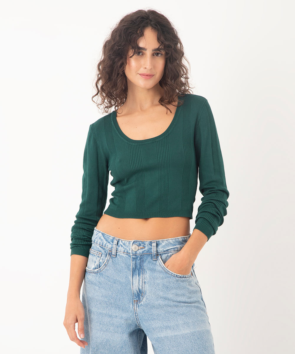 cropped de tricot canelado manga longa verde escuro