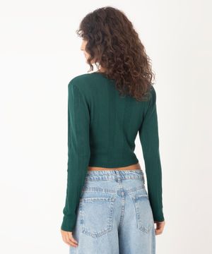 cropped de tricot canelado manga longa verde escuro