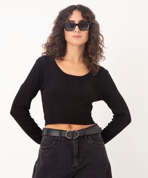 cropped de tricot canelado manga longa preto