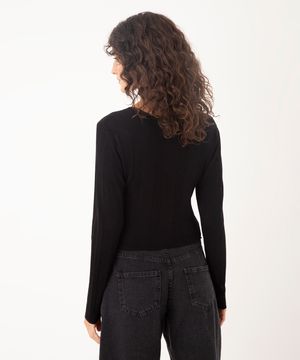 cropped de tricot canelado manga longa preto