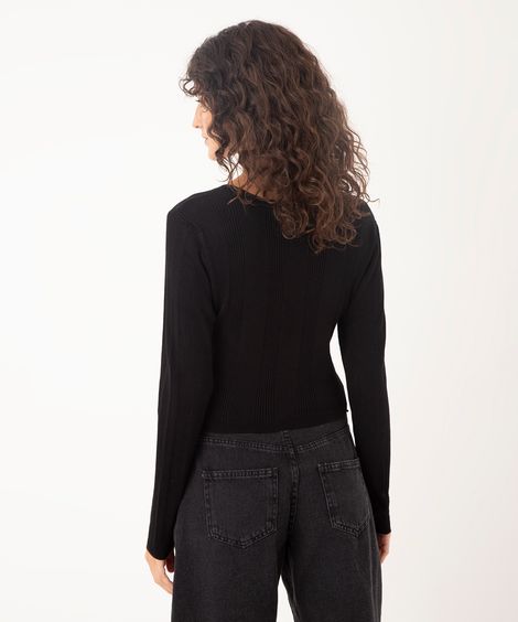 cropped de tricot canelado manga longa preto