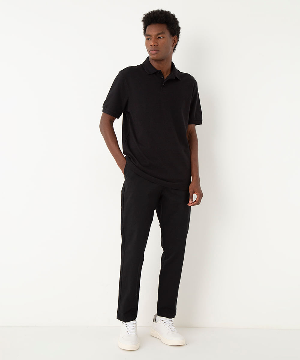 polo de algodão texturizada manga curta preta