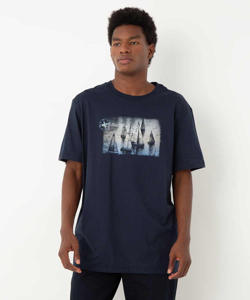camiseta de algodão barcos azul marinho