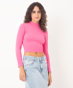 cropped de poliamida básico canelado gola alta manga longa rosa
