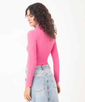 cropped de poliamida básico canelado gola alta manga longa rosa