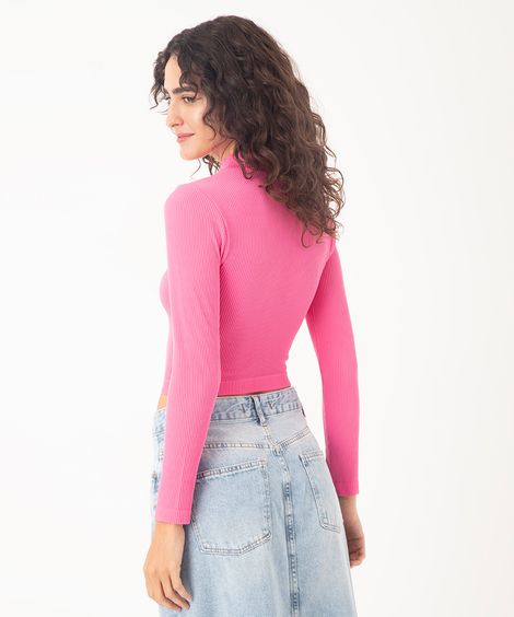 cropped de poliamida básico canelado gola alta manga longa rosa