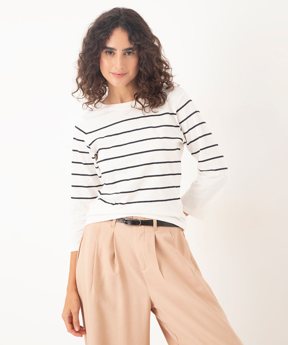 blusa listrada manga longa off white