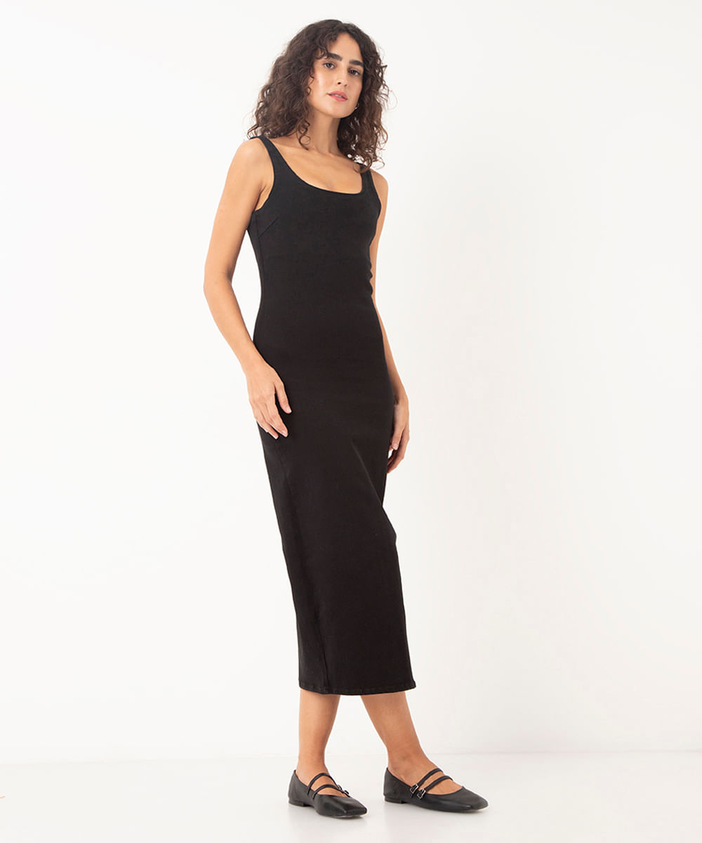 vestido midi de sarja preto