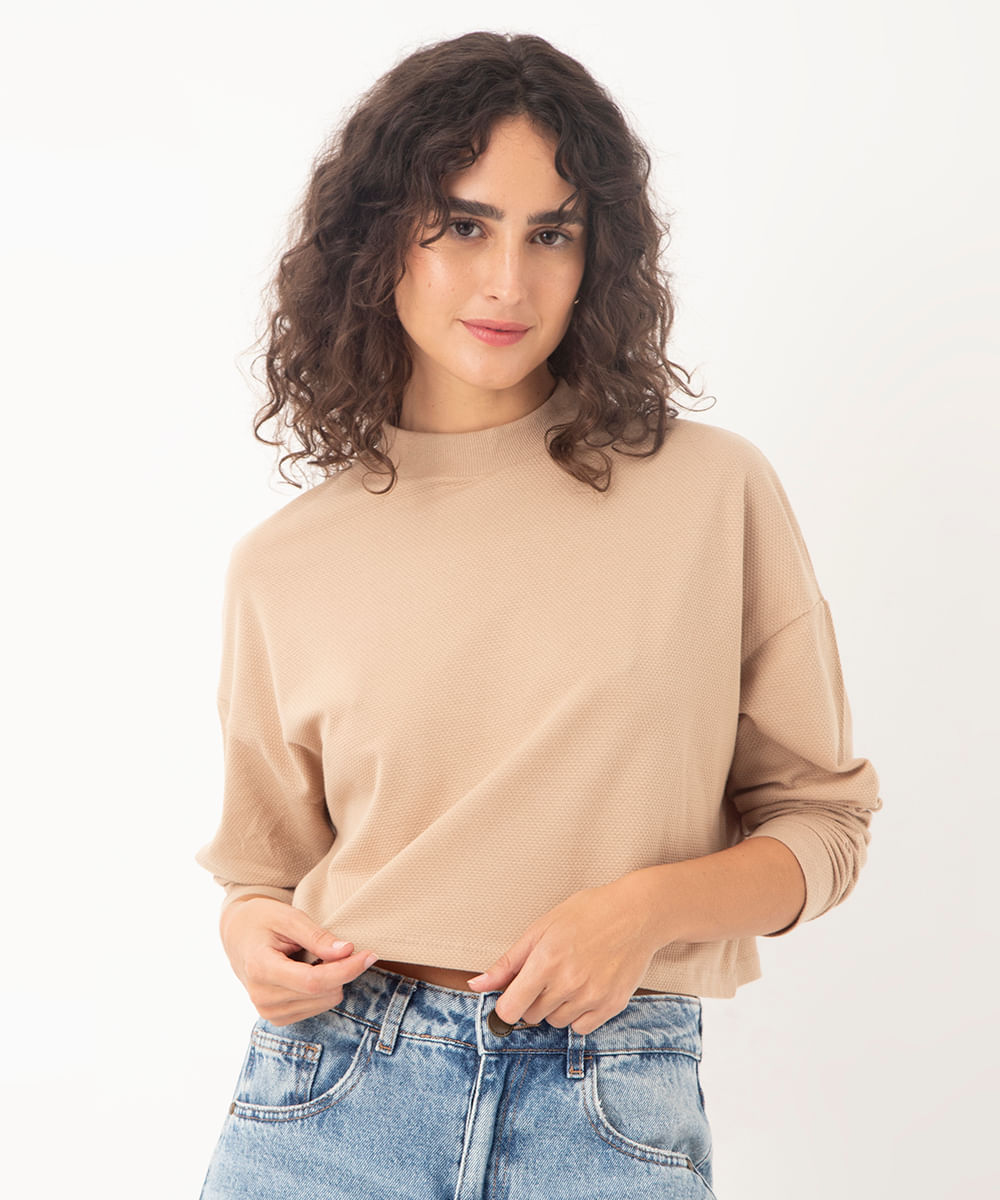 blusa texturizada de algodão manga longa areia