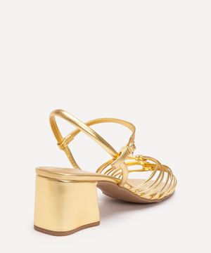 sandália metalizada salto bloco com tiras dourada