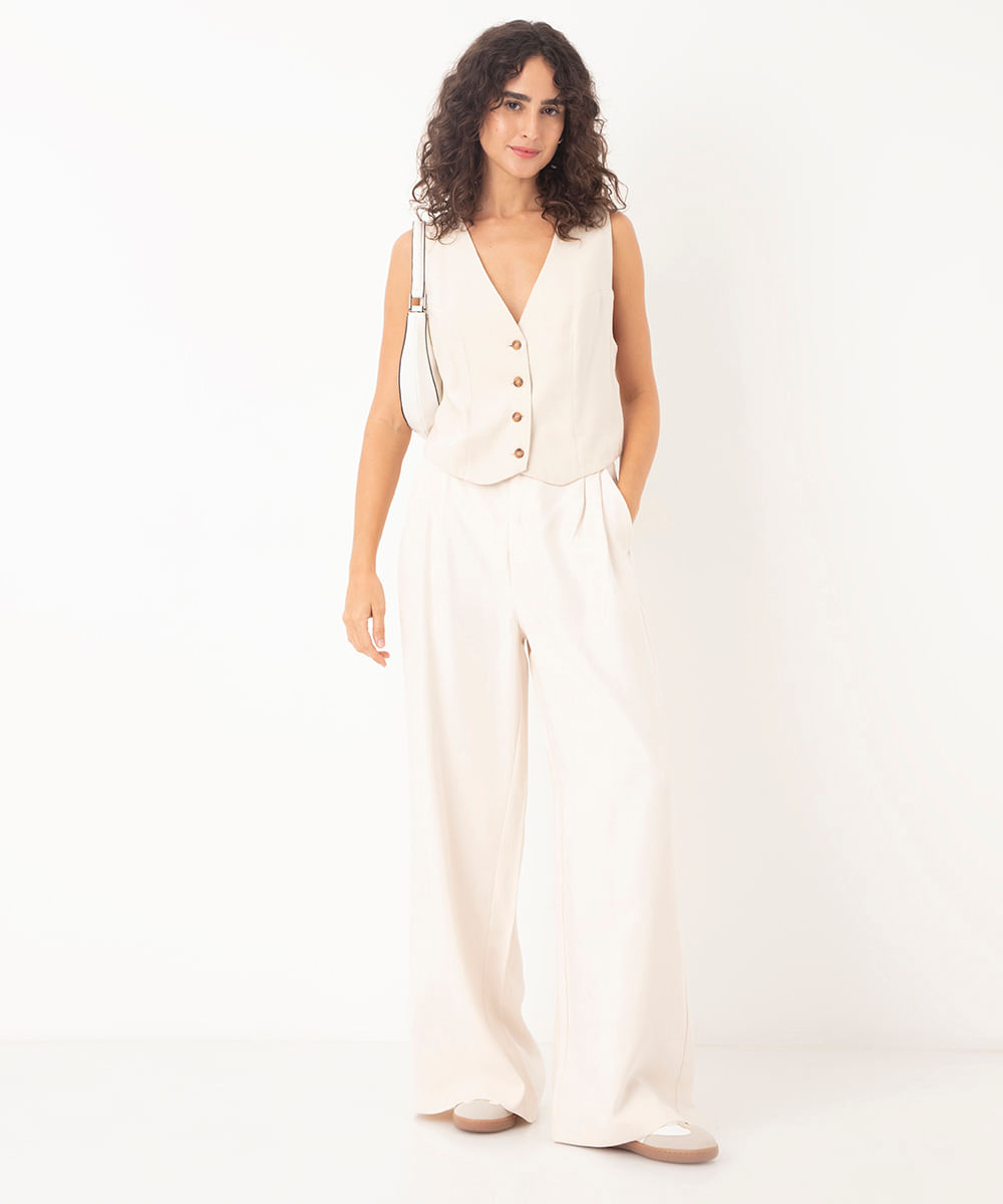 calça alfaiataria wide leg bege