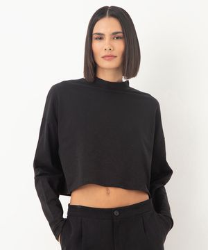 blusa texturizada de algodão manga longa preto