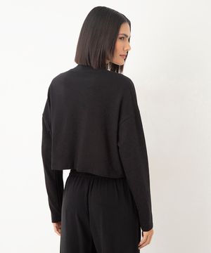 blusa texturizada de algodão manga longa preto