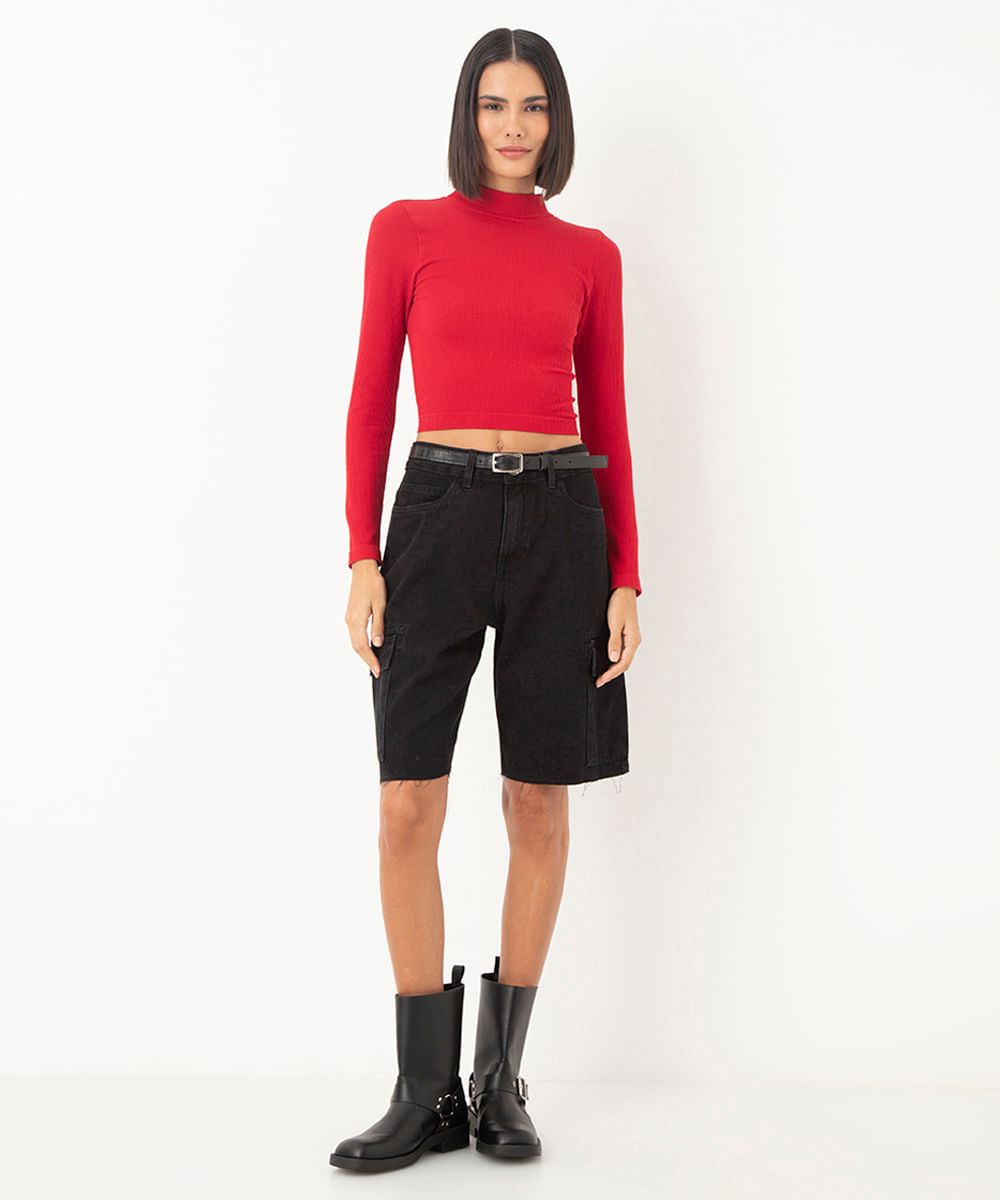 cropped de poliamida básico canelado gola alta manga longa vermelho