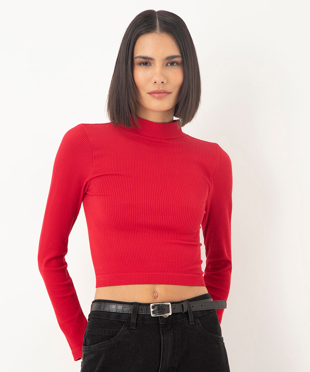 cropped de poliamida básico canelado gola alta manga longa vermelho