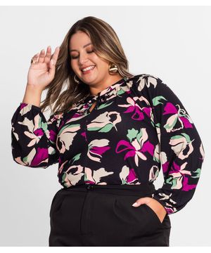 Blusa Estampada Manga Longa Plus Size Secret Glam Preto