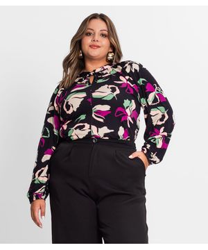 Blusa Estampada Manga Longa Plus Size Secret Glam Preto