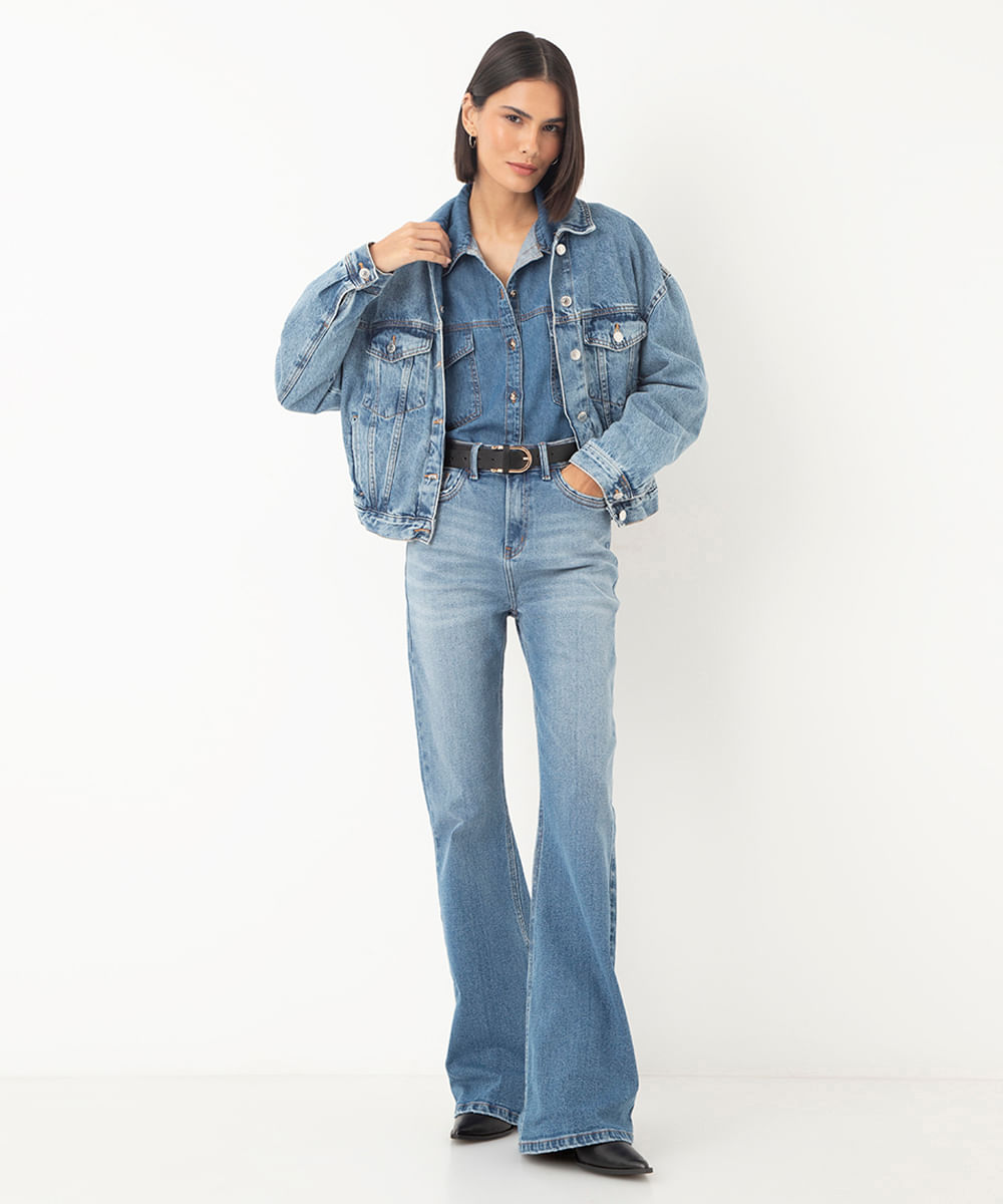 calça jeans bootcut cintura super alta azul