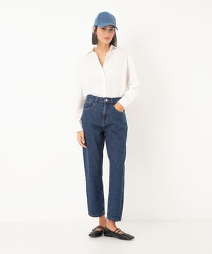 calça jeans mom cintura super alta brilhos azul escuro