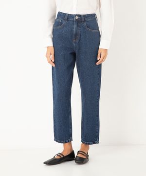 calça jeans mom cintura super alta brilhos azul escuro