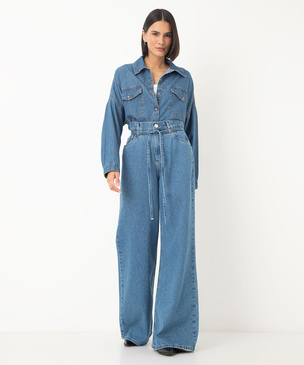 calça jeans wide leg cintura alta clochard azul
