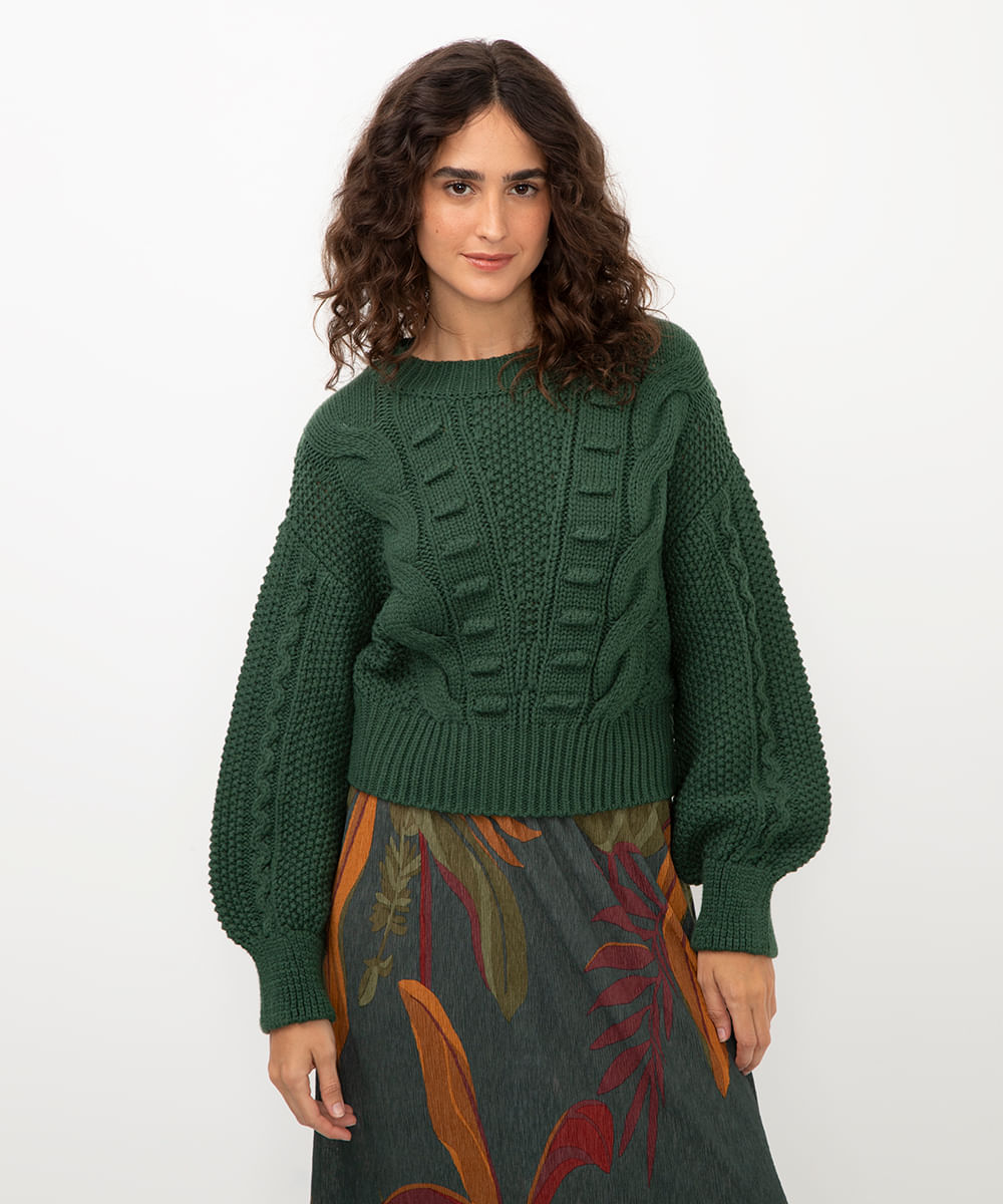 suéter de tricot manga bufante verde escuro