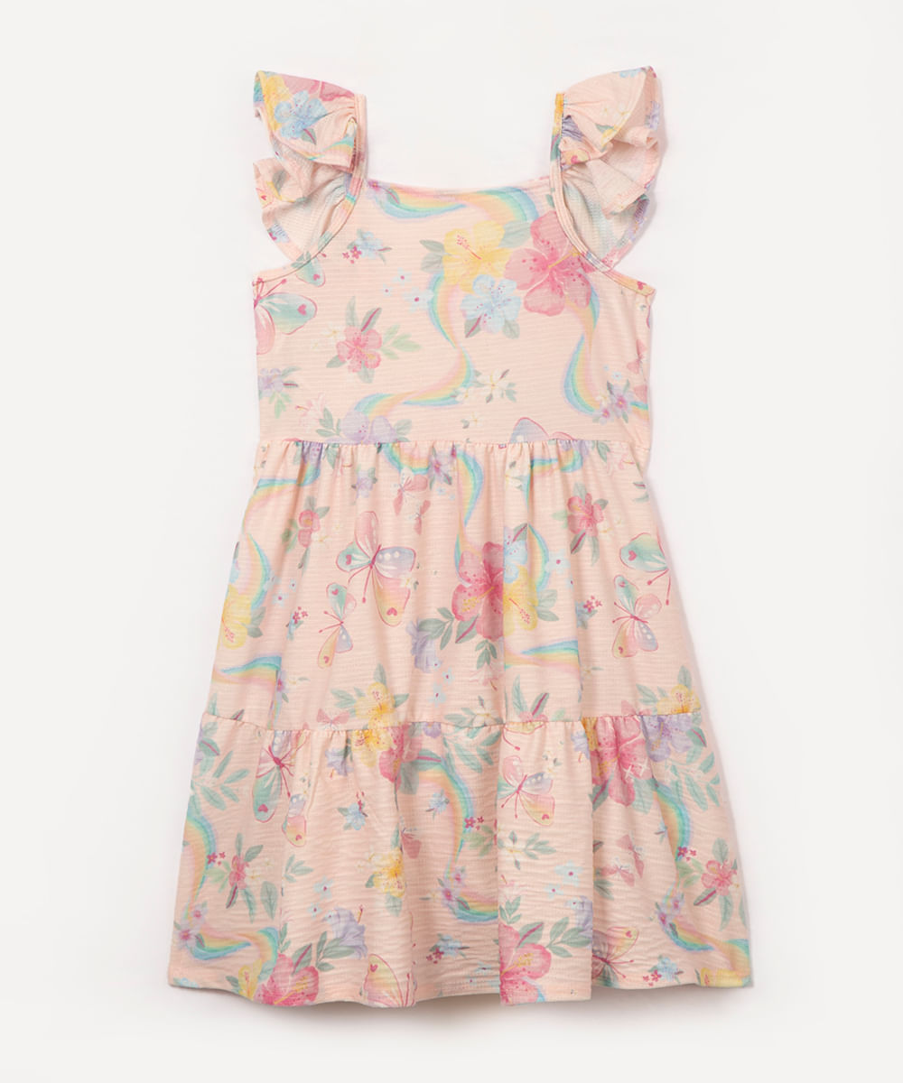 vestido infantil floral com babado off white