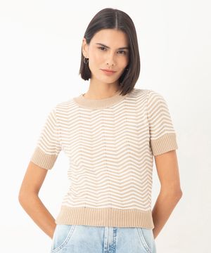 blusa de tricot manga curta chevron bege