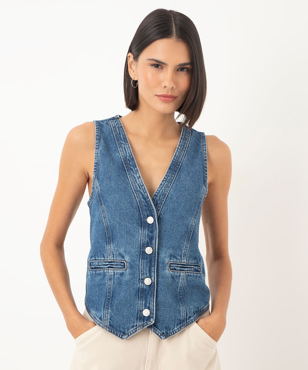 colete jeans alongado - JEANS MEDIO