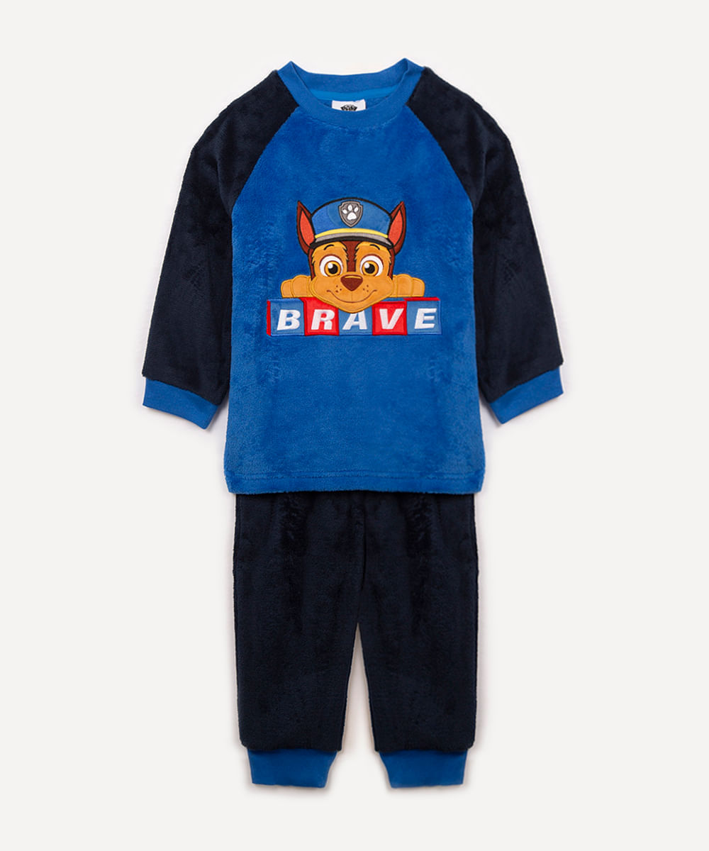 pijama infantil de pelúcia patrulha canina azul marinho