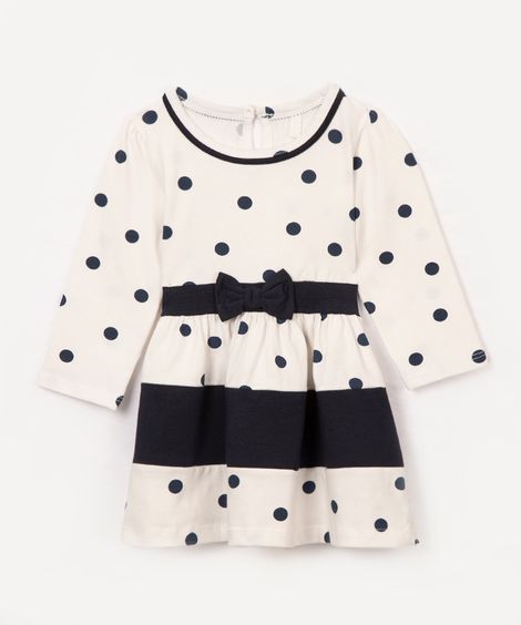 vestido de algodão infantil poá com laço off white