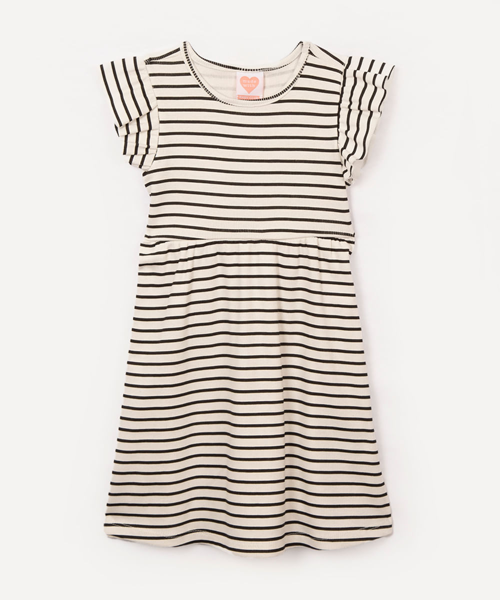 vestido de algodão infantil listrado babado off white