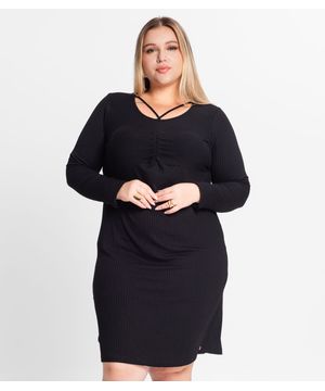 Vestido Plus Size Em Ribana Canelada Secret Glam Preto