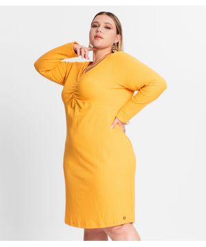 Vestido Plus Size Em Ribana Canelada Secret Glam Amarelo