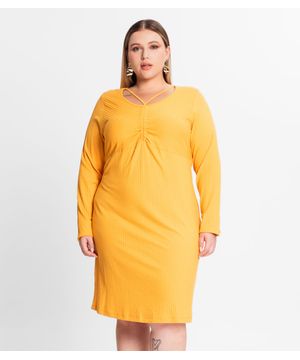 Vestido Plus Size Em Ribana Canelada Secret Glam Amarelo